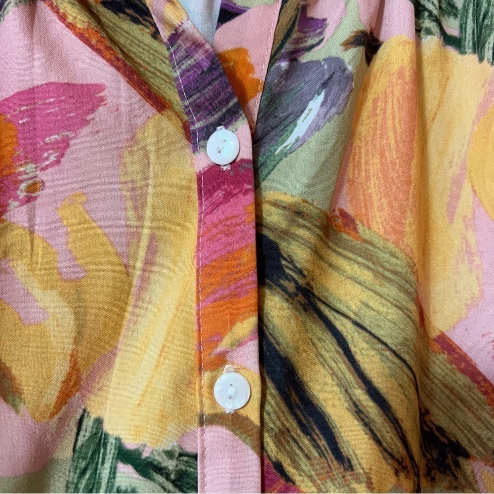 Abstract Watercolor Print Button Front Tiered Popover Mini Shirt Dress Size XS - Picture 8 of 13